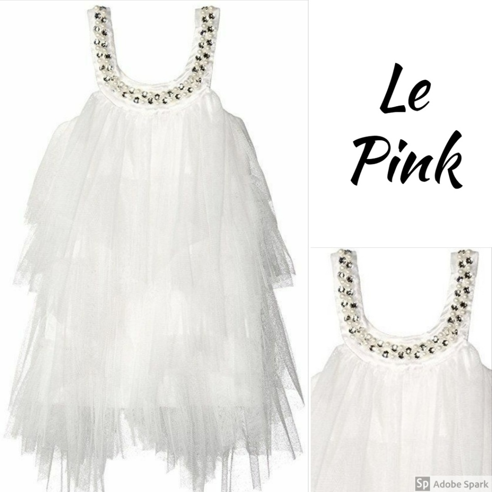 Le‎ Pink Girls Tulle Tiered Layered Mesh Fairy Dress White Size 3T 4 6X NWT